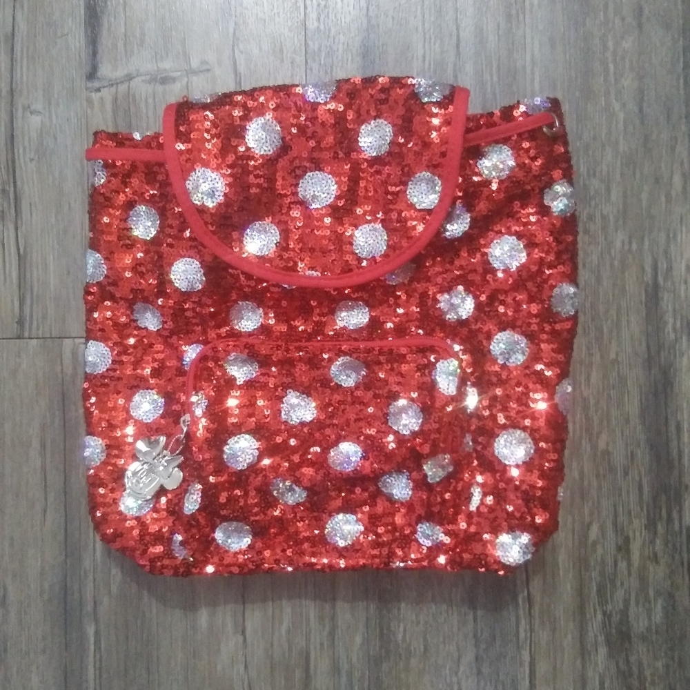 Disney Parks Minnie Mouse Sequin Backpack Purse Red Polka Dot